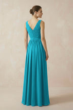 A-Line V-Neck Pleated Chiffon Bridesmaid Dress in Blue Jay - Curvevia