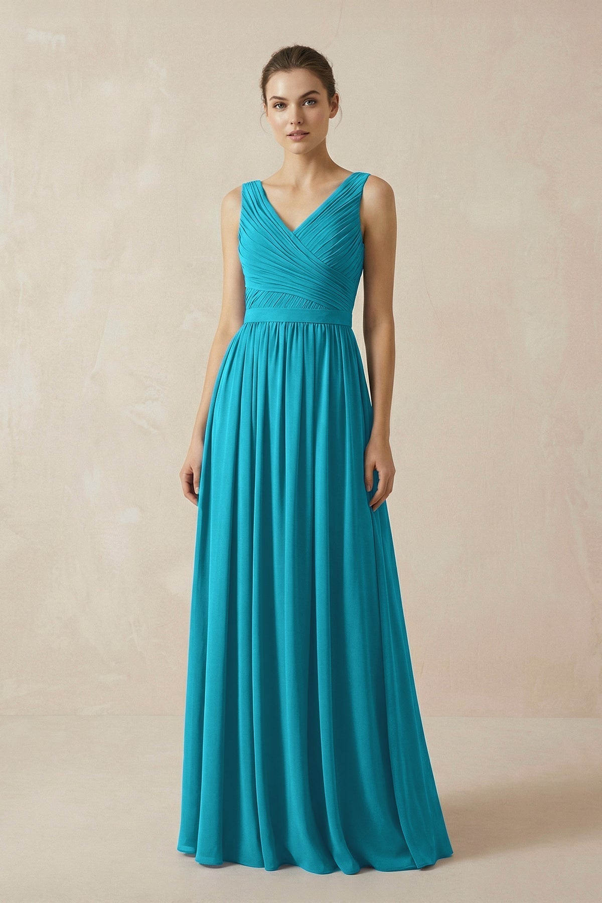 A-Line V-Neck Pleated Chiffon Bridesmaid Dress in Blue Jay - Curvevia