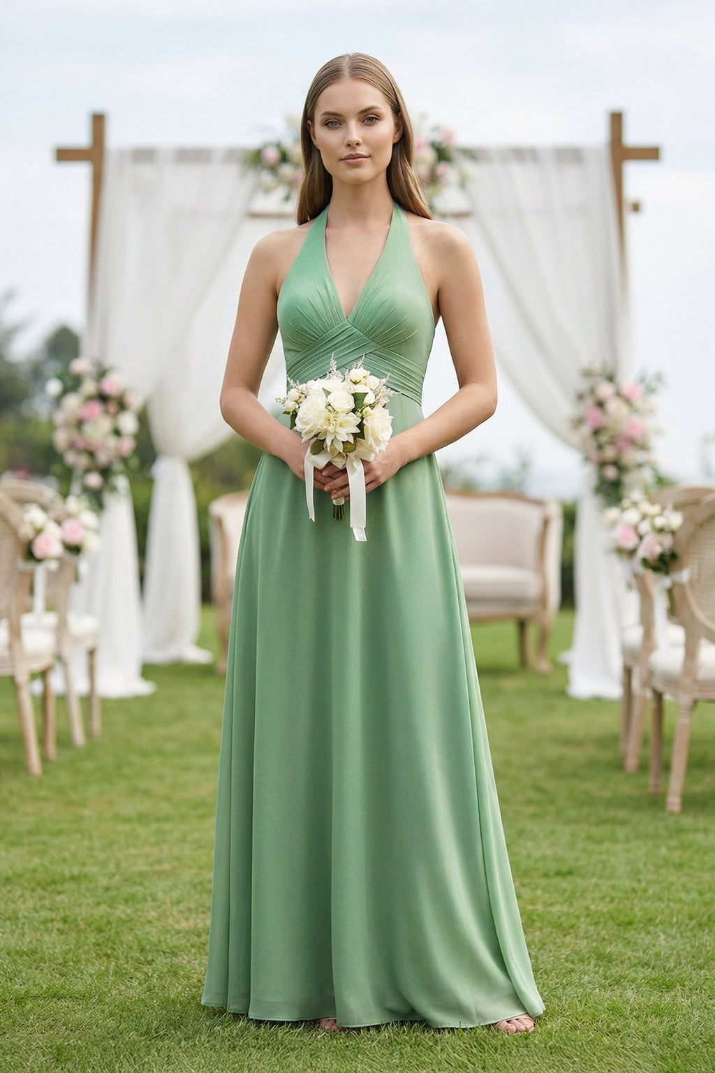 V-Neck Pleated A-Line Chiffon Mother of the Bride Dress in Sea Glass - Curvevia