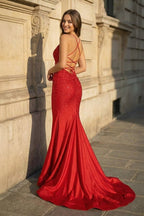 Mermaid V Neck Glitter Satin Evening Dress - Curvevia