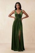 V-Neck Ruched A-Line Velvet Bridesmaid Dress in Olive - Curvevia