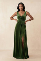 V-Neck Ruched A-Line Velvet Bridesmaid Dress in Olive - Curvevia