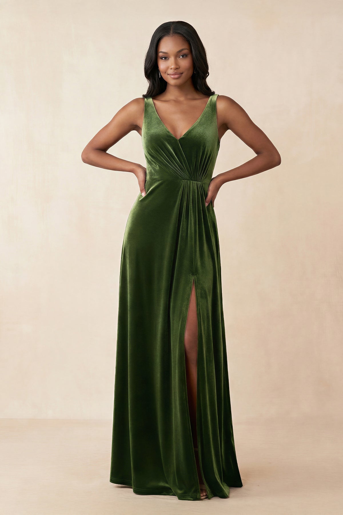 V-Neck Ruched A-Line Velvet Bridesmaid Dress in Olive - Curvevia