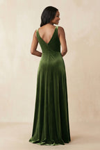 V-Neck Ruched A-Line Velvet Bridesmaid Dress in Olive - Curvevia