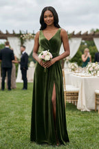 V-Neck Ruched A-Line Velvet Bridesmaid Dress in Olive - Curvevia