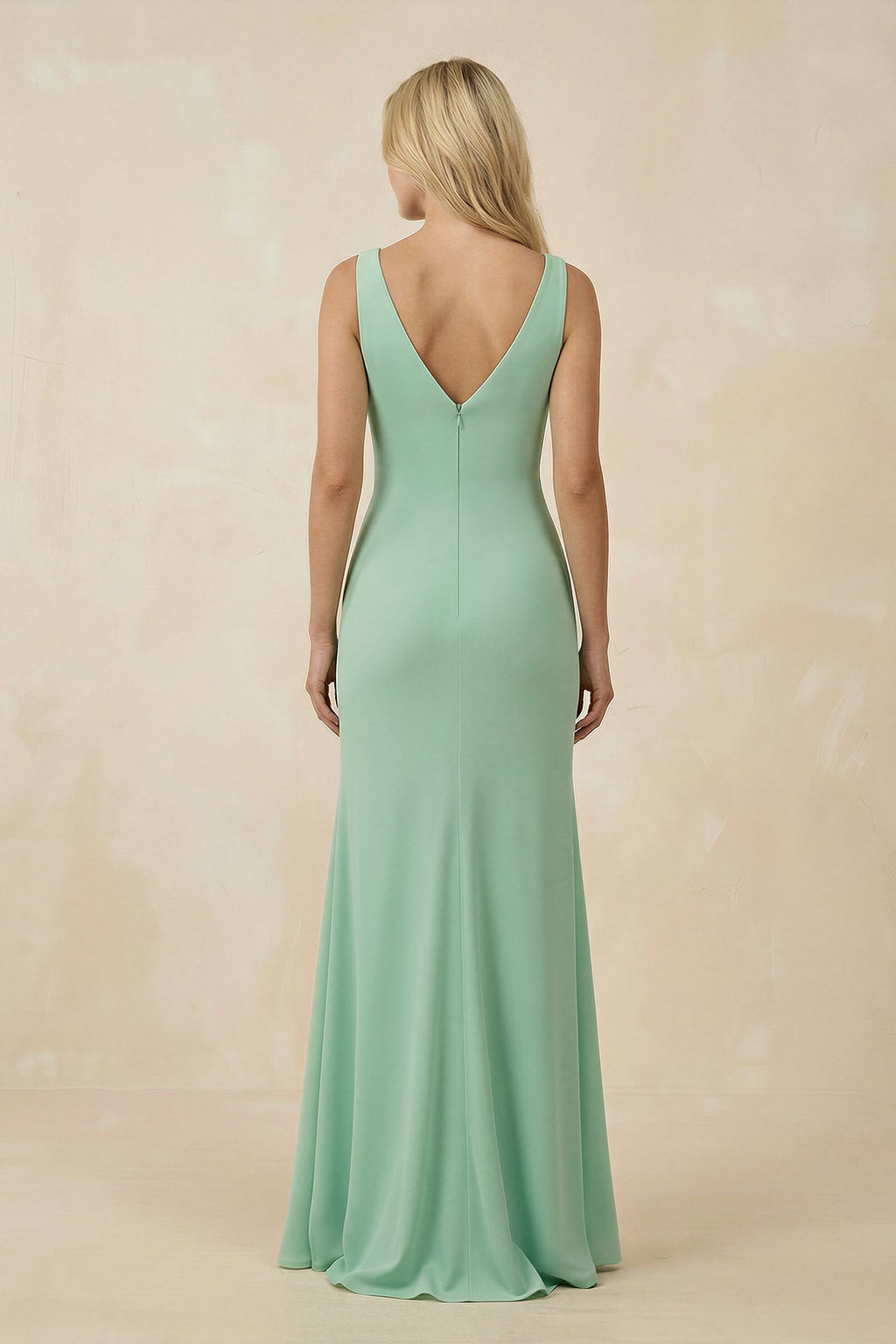 V-Neck Ruched Sheath Bridesmaid Dress with Slit in Pale Pistachio - Curvevia