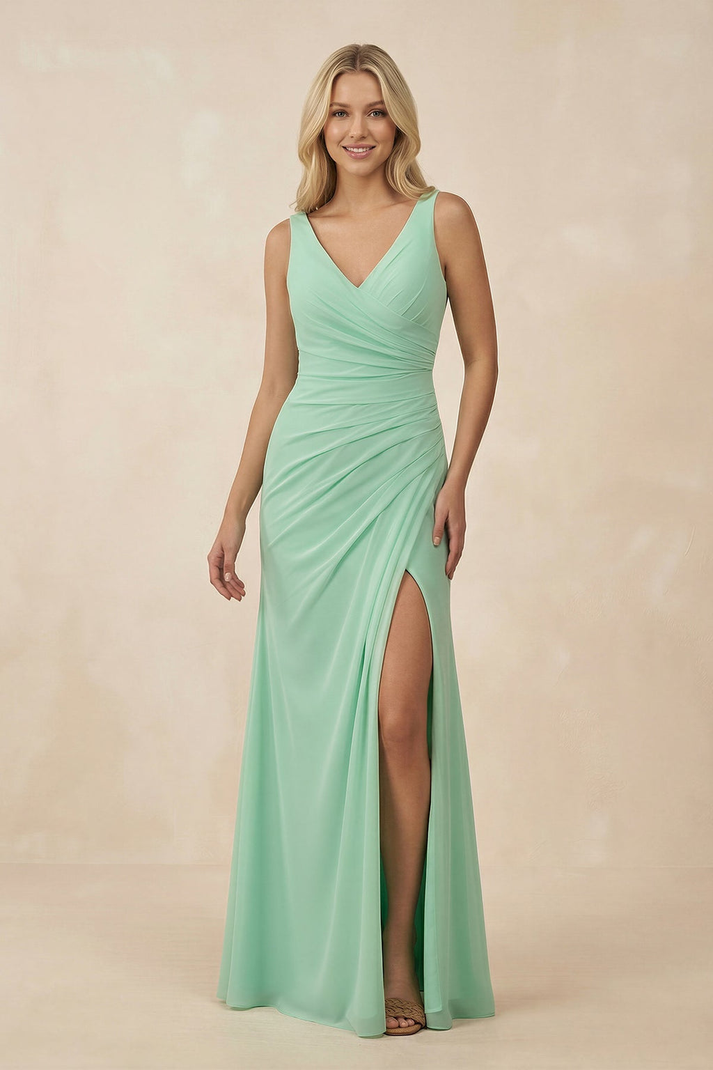 V-Neck Ruched Sheath Bridesmaid Dress with Slit in Pale Pistachio - Curvevia