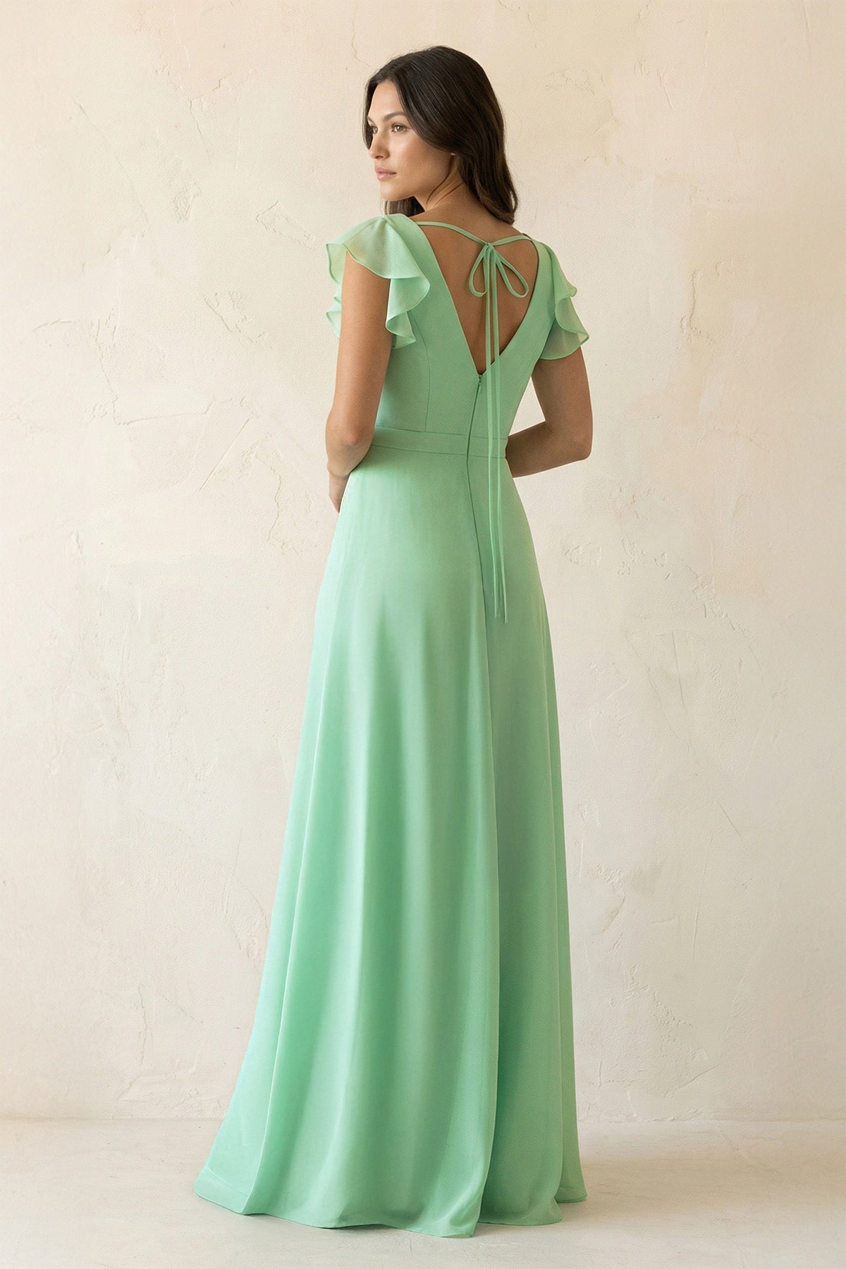 V-Neck Ruffled A-Line Chiffon Bridesmaid Dress in Pale Pistachio - Curvevia