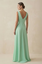 V-Neck A-Line Chiffon Ruffled Bridesmaid Dress in Pale Pistachio - Curvevia