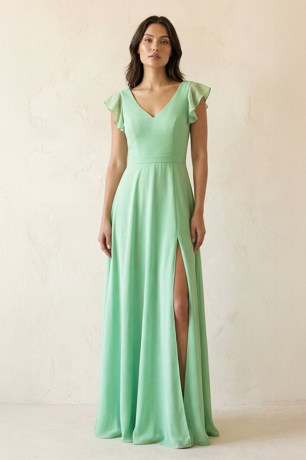 V-Neck Ruffled A-Line Chiffon Bridesmaid Dress in Pale Pistachio - Curvevia