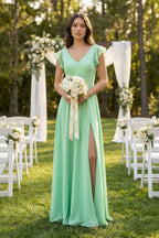 V-Neck Ruffled A-Line Chiffon Bridesmaid Dress in Pale Pistachio - Curvevia