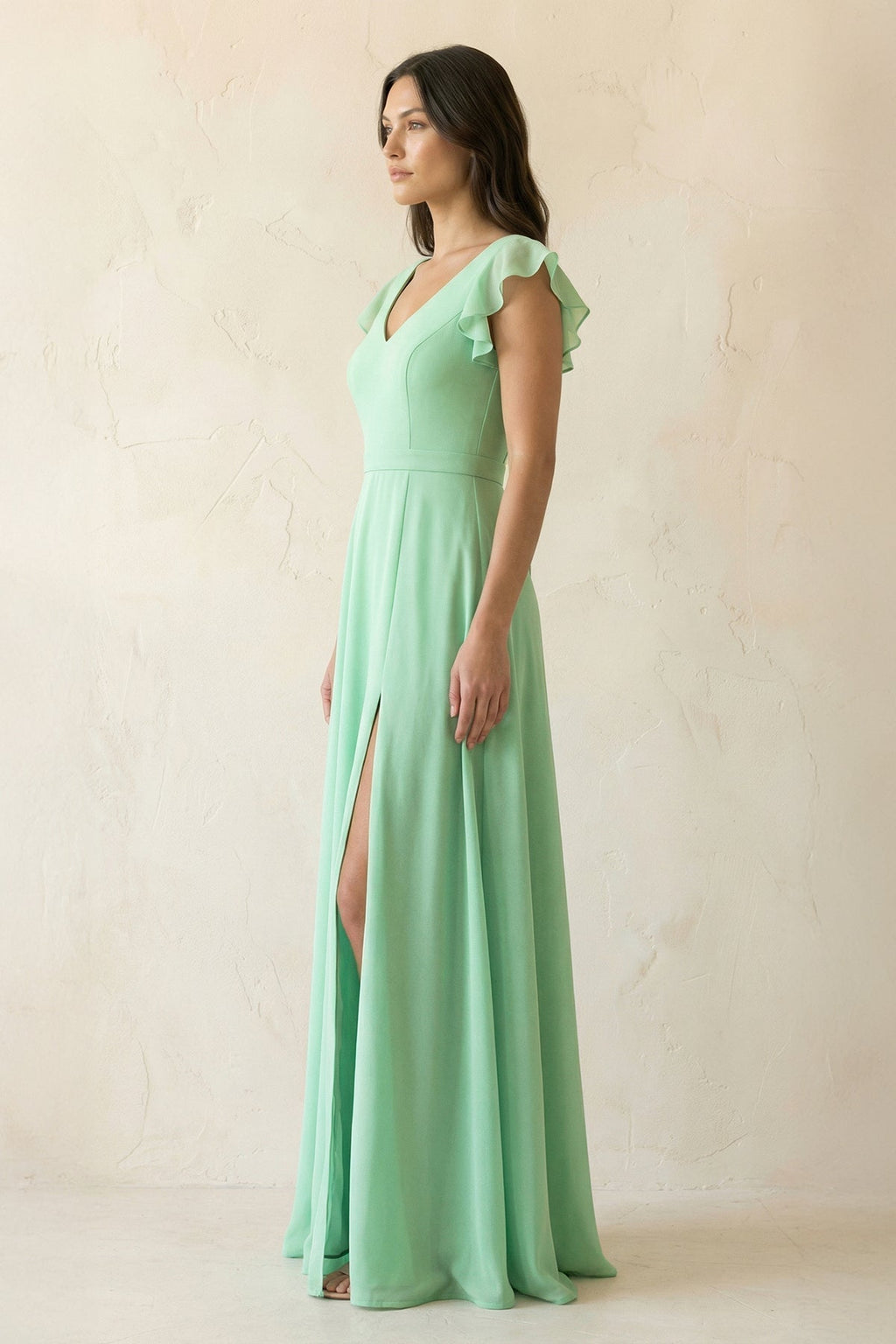 V-Neck Ruffled A-Line Chiffon Bridesmaid Dress in Pale Pistachio - Curvevia