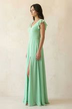 V-Neck Ruffled A-Line Chiffon Bridesmaid Dress in Pale Pistachio - Curvevia