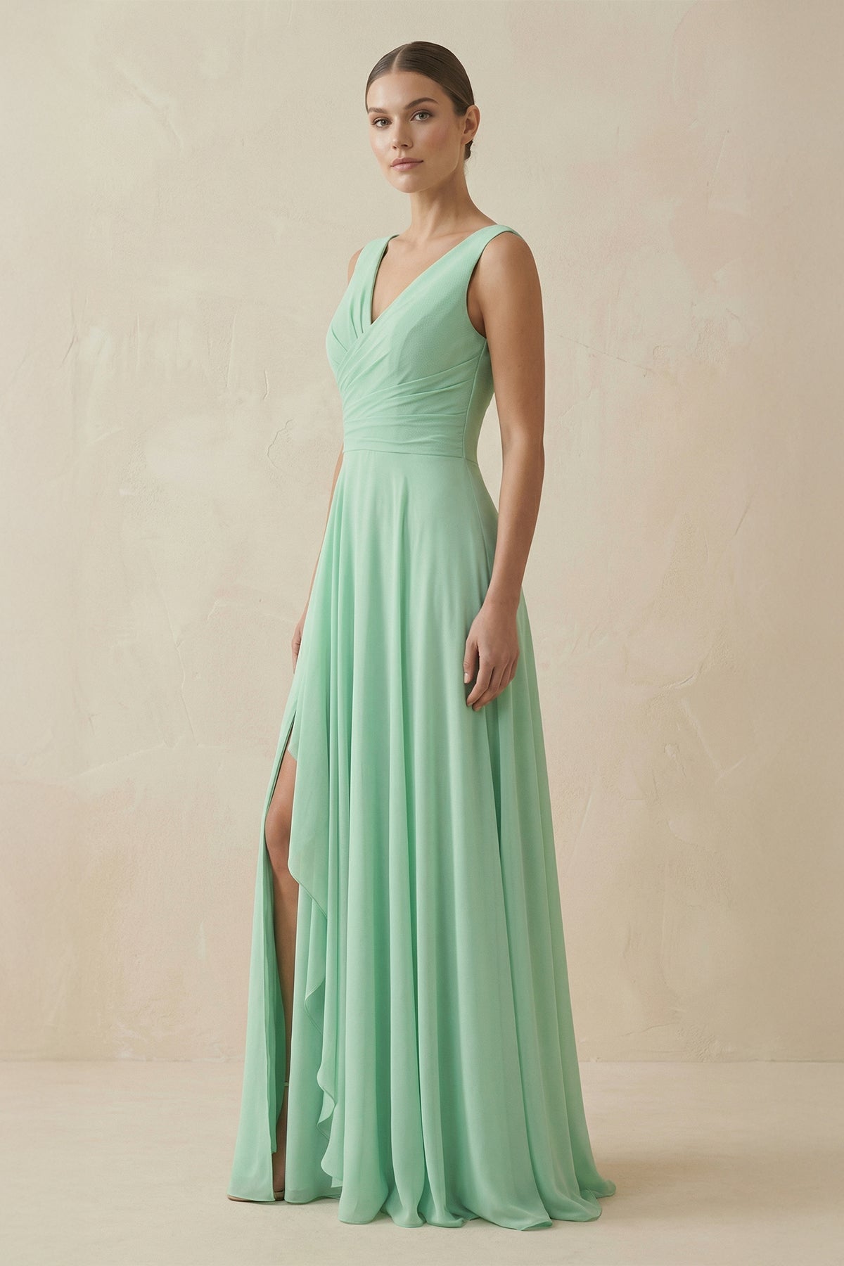 V-Neck A-Line Chiffon Ruffled Bridesmaid Dress in Pale Pistachio - Curvevia