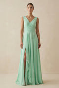 V-Neck A-Line Chiffon Ruffled Bridesmaid Dress in Pale Pistachio - Curvevia