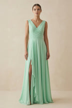 V-Neck A-Line Chiffon Ruffled Bridesmaid Dress in Pale Pistachio - Curvevia