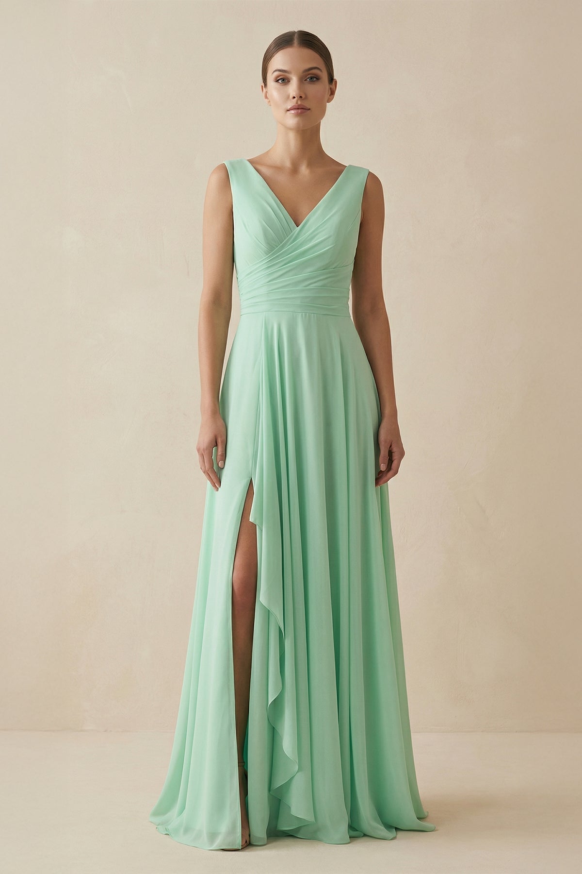 V-Neck A-Line Chiffon Ruffled Bridesmaid Dress in Pale Pistachio - Curvevia
