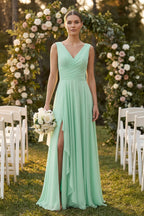 V-Neck A-Line Chiffon Ruffled Bridesmaid Dress in Pale Pistachio - Curvevia
