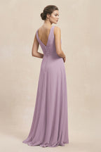 V-Neck Ruffled Ruched Chiffon A-Line Mother of the Bride Dress in Dusk - Curvevia