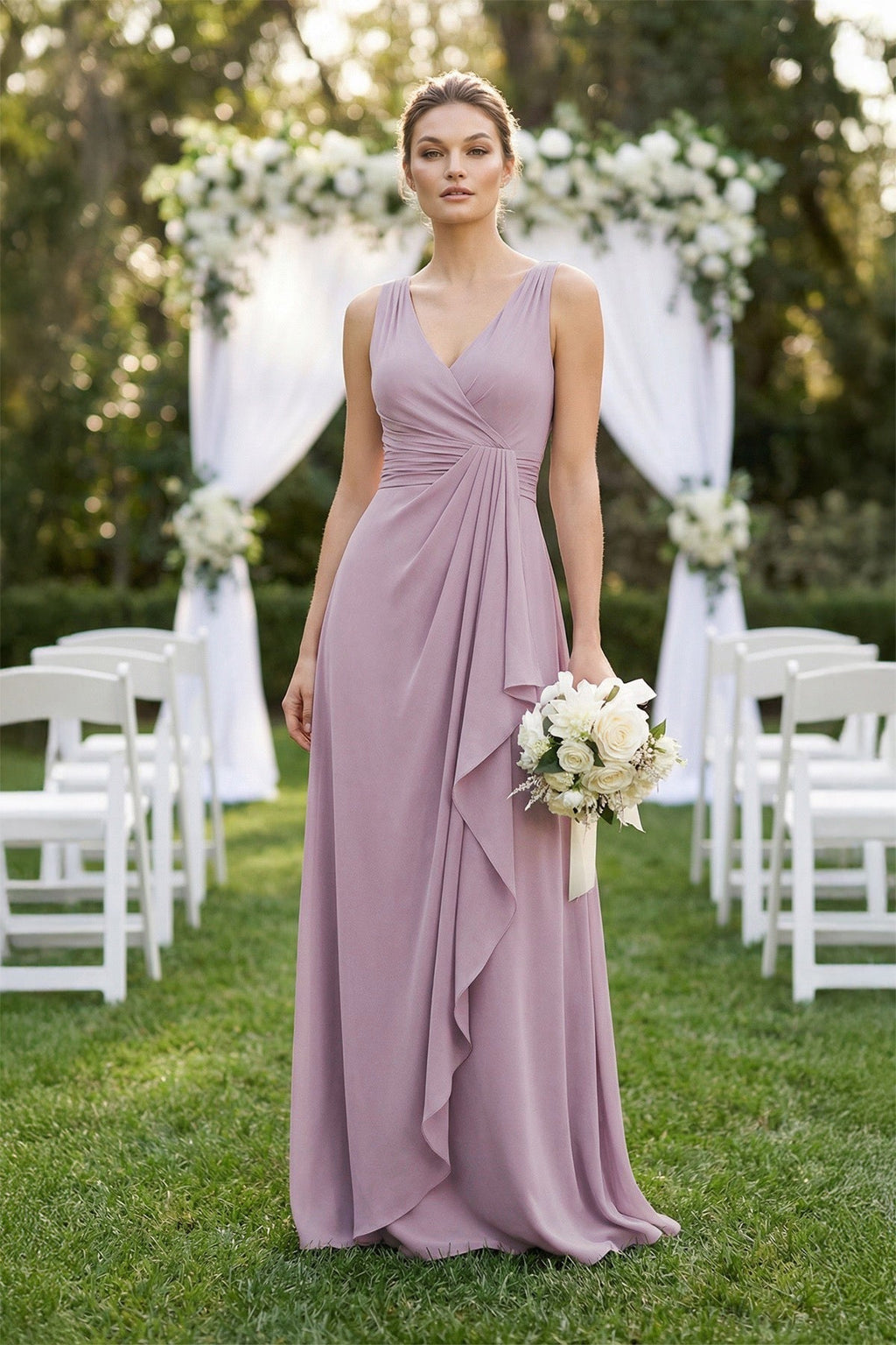 V-Neck Ruffled Ruched Chiffon A-Line Mother of the Bride Dress in Dusk - Curvevia
