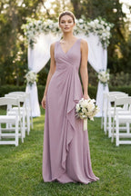 V-Neck Ruffled Ruched Chiffon A-Line Mother of the Bride Dress in Dusk - Curvevia