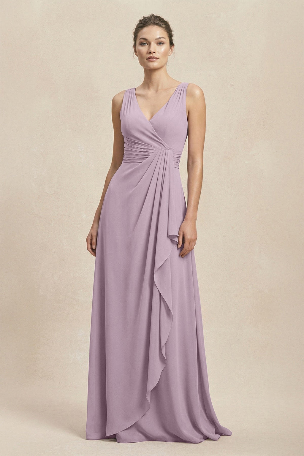 V-Neck Ruffled Ruched Chiffon A-Line Mother of the Bride Dress in Dusk - Curvevia