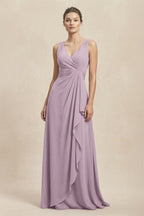 V-Neck Ruffled Ruched Chiffon A-Line Mother of the Bride Dress in Dusk - Curvevia