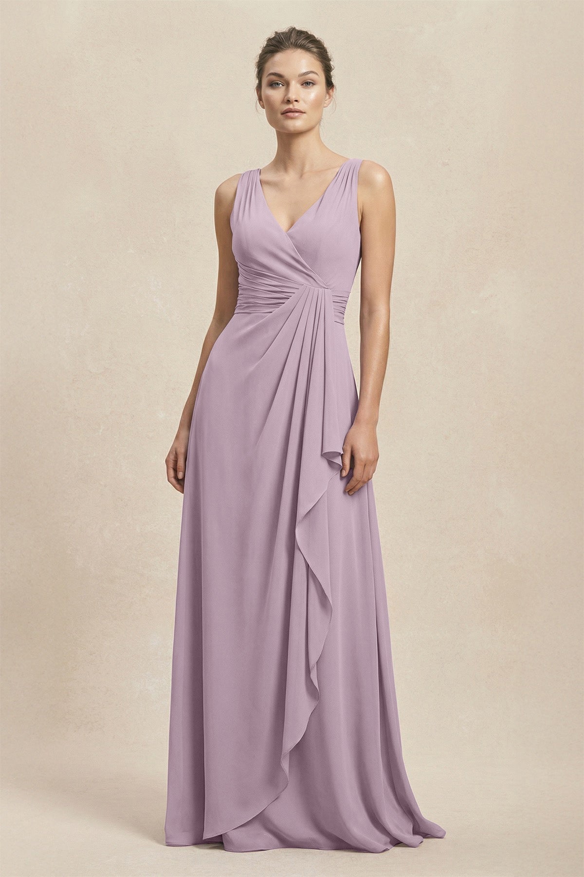 V-Neck Ruffled Ruched Chiffon A-Line Mother of the Bride Dress in Dusk - Curvevia