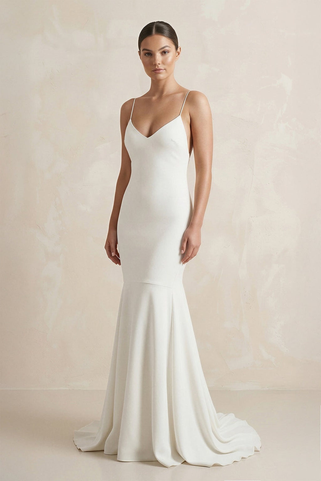 V-Neck Satin Mermaid Ruched Wedding Dress in White - Curvevia