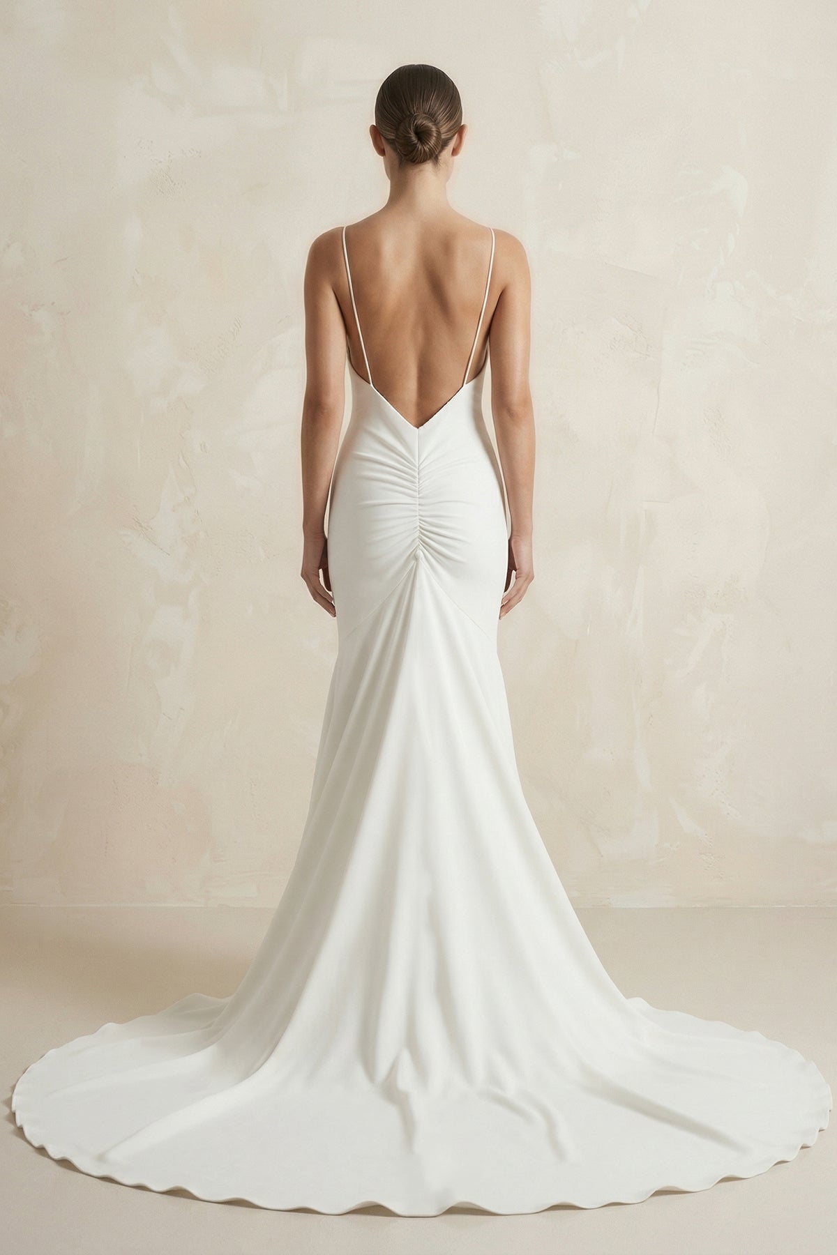 V-Neck Satin Mermaid Ruched Wedding Dress in White - Curvevia