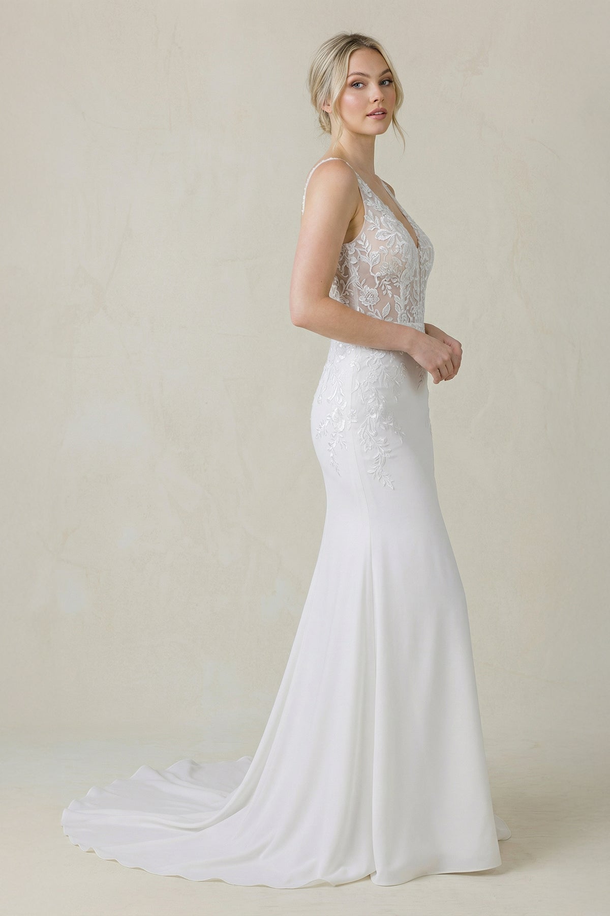 V Neck Satin Mermaid Wedding Dress in White - Curvevia