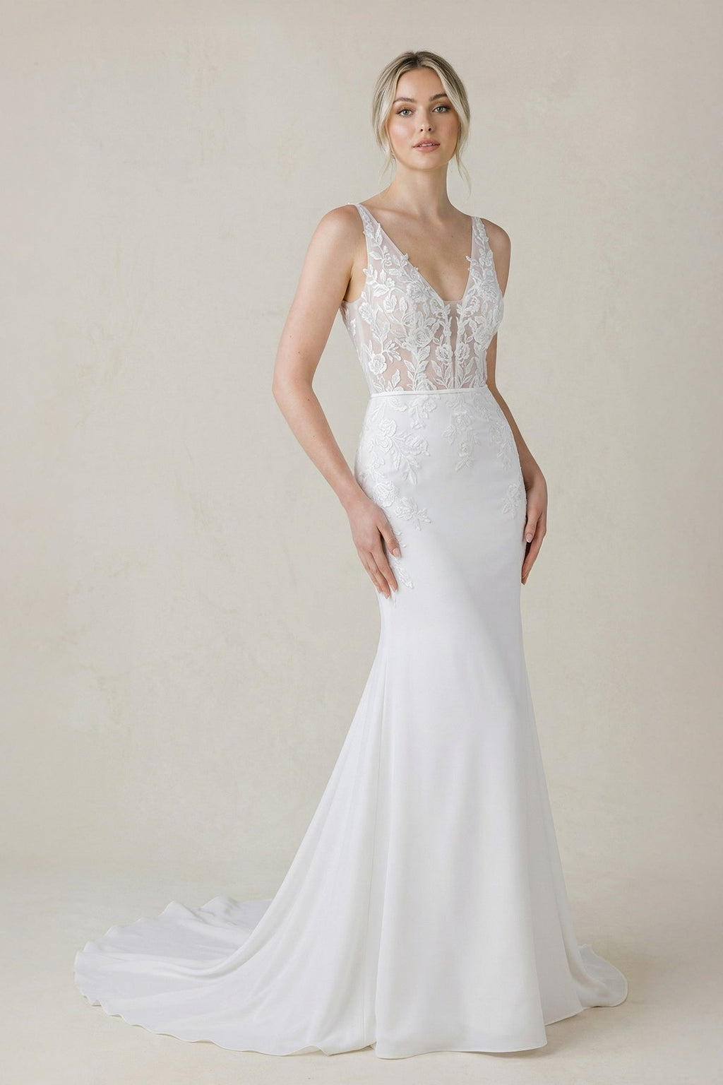 V Neck Satin Mermaid Wedding Dress in White - Curvevia
