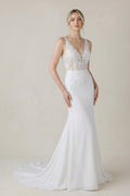V Neck Satin Mermaid Wedding Dress in White - Curvevia