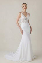 V Neck Satin Mermaid Wedding Dress in White - Curvevia