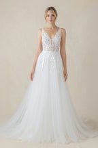 V Neck Satin Mermaid Wedding Dress in White - Curvevia