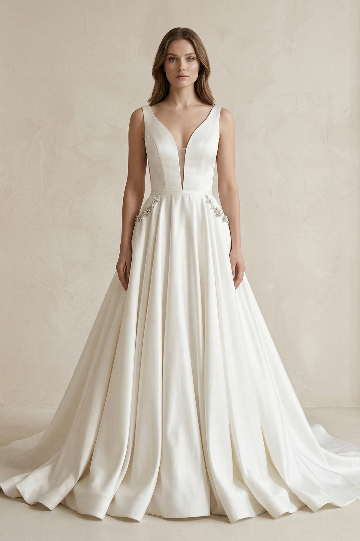 V-Neck Satin Ruched Ball Gown Wedding Dress in White - Curvevia
