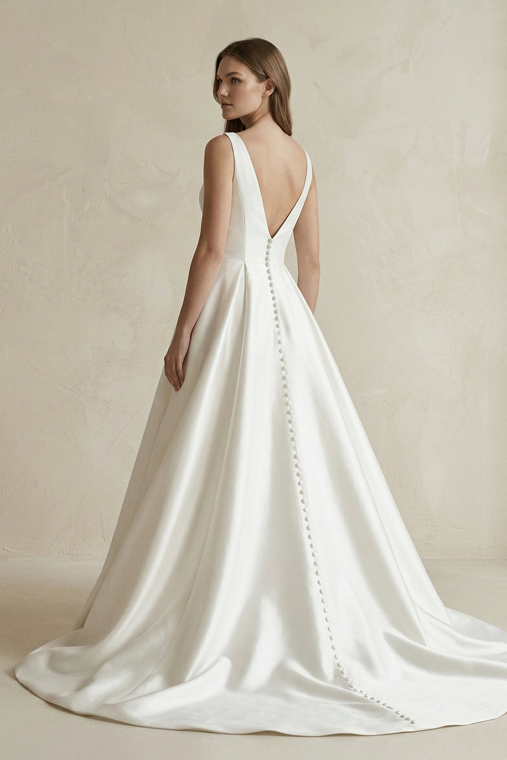 V-Neck Satin Ruched Ball Gown Wedding Dress in White - Curvevia