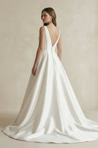 V-Neck Satin Ruched Ball Gown Wedding Dress in White - Curvevia