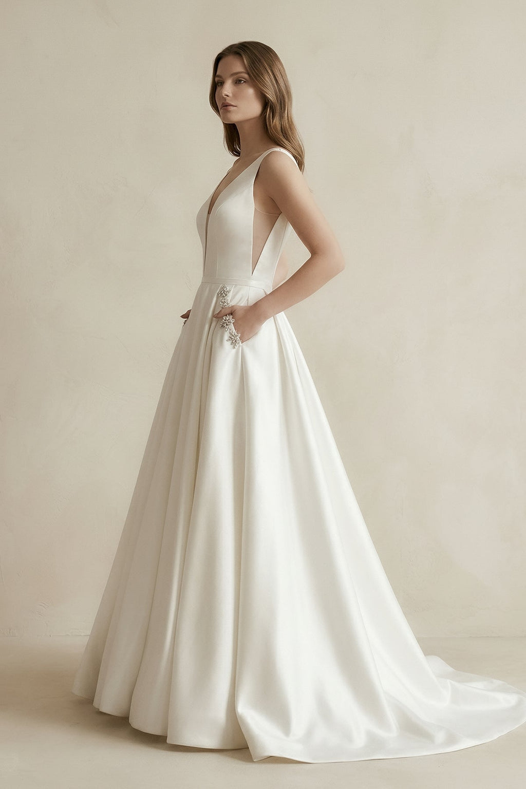 V-Neck Satin Ruched Ball Gown Wedding Dress in White - Curvevia
