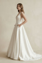 V-Neck Satin Ruched Ball Gown Wedding Dress in White - Curvevia