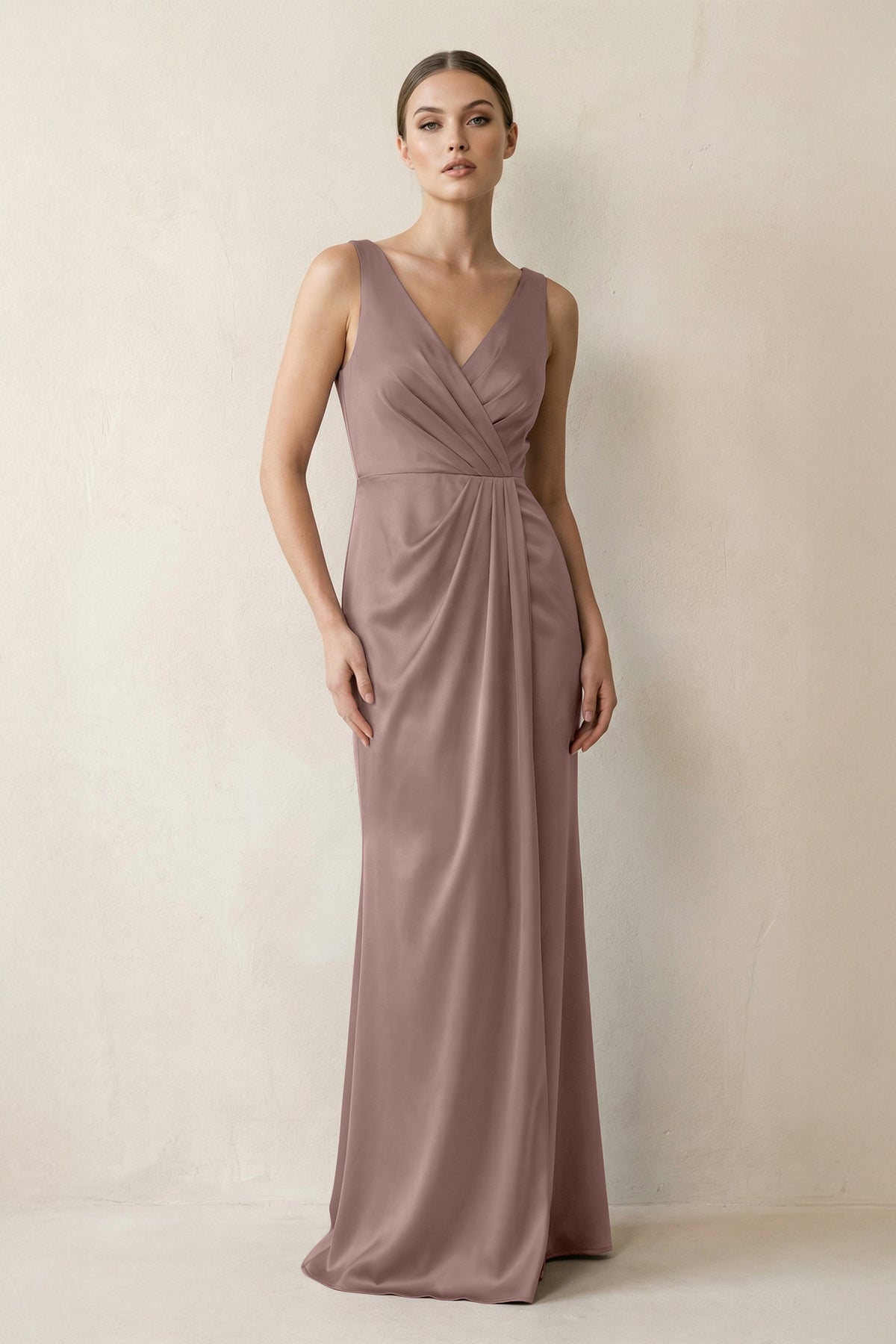 V-Neck Satin Ruched Sheath Bridesmaid Dress in Toffee - Curvevia