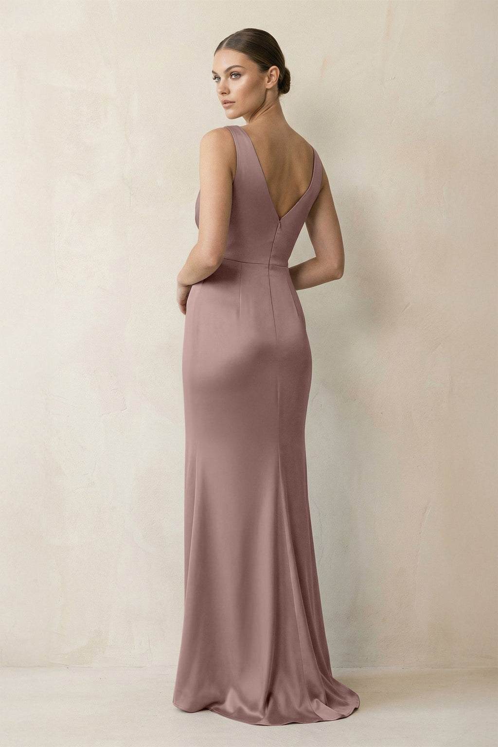 V-Neck Satin Ruched Sheath Bridesmaid Dress in Toffee - Curvevia