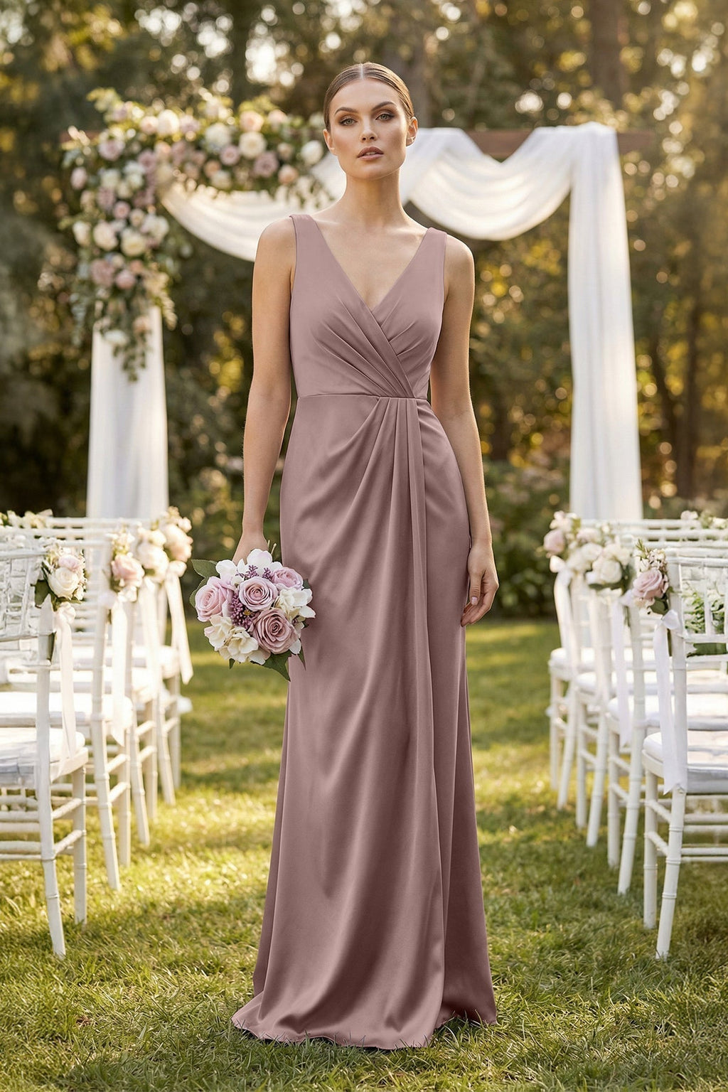 V-Neck Satin Ruched Sheath Bridesmaid Dress in Toffee - Curvevia