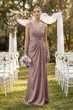 V-Neck Satin Ruched Sheath Bridesmaid Dress in Toffee - Curvevia