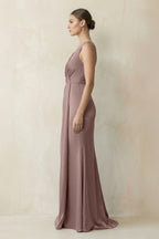 V-Neck Satin Ruched Sheath Bridesmaid Dress in Toffee - Curvevia