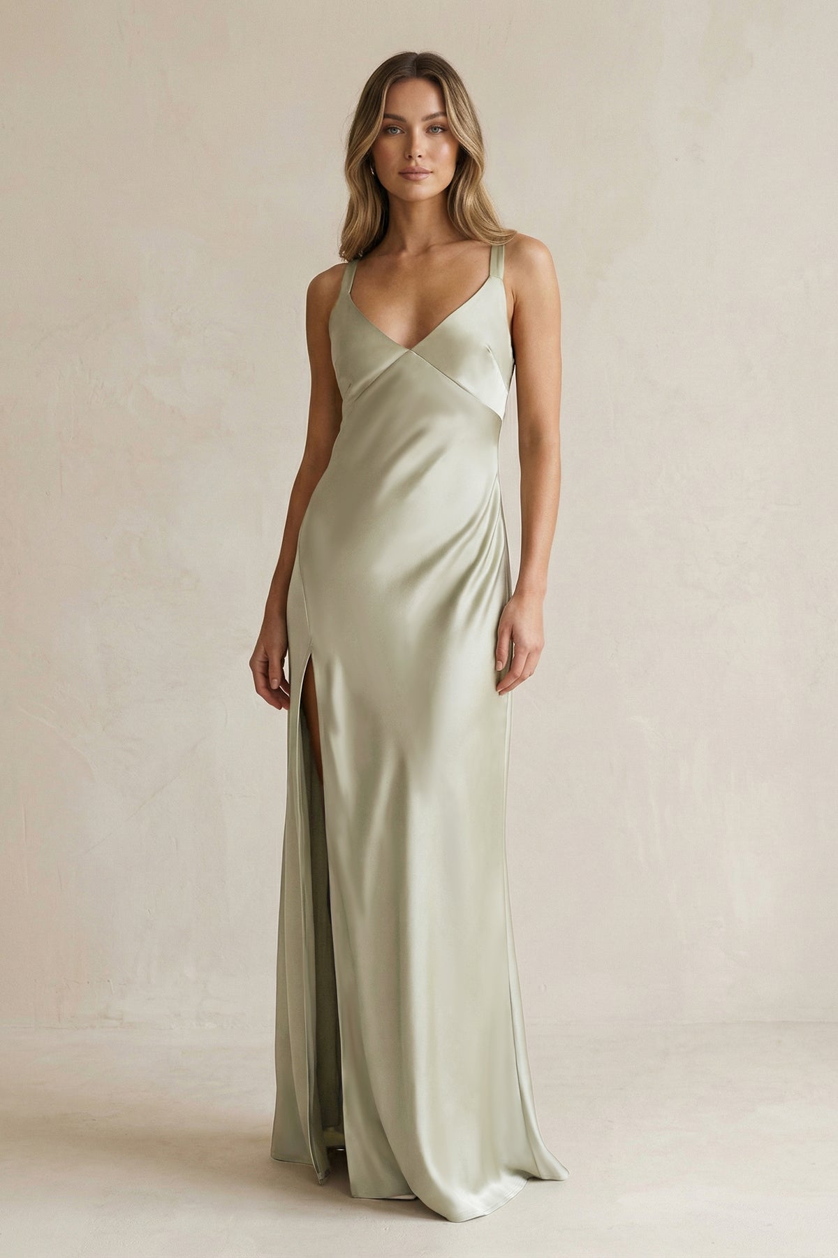 V-Neck Sheath Satin Bridesmaid Dress With Slit in Frost - Curvevia