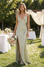 V-Neck Sheath Satin Bridesmaid Dress With Slit in Frost - Curvevia