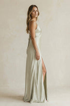 V-Neck Sheath Satin Bridesmaid Dress With Slit in Frost - Curvevia