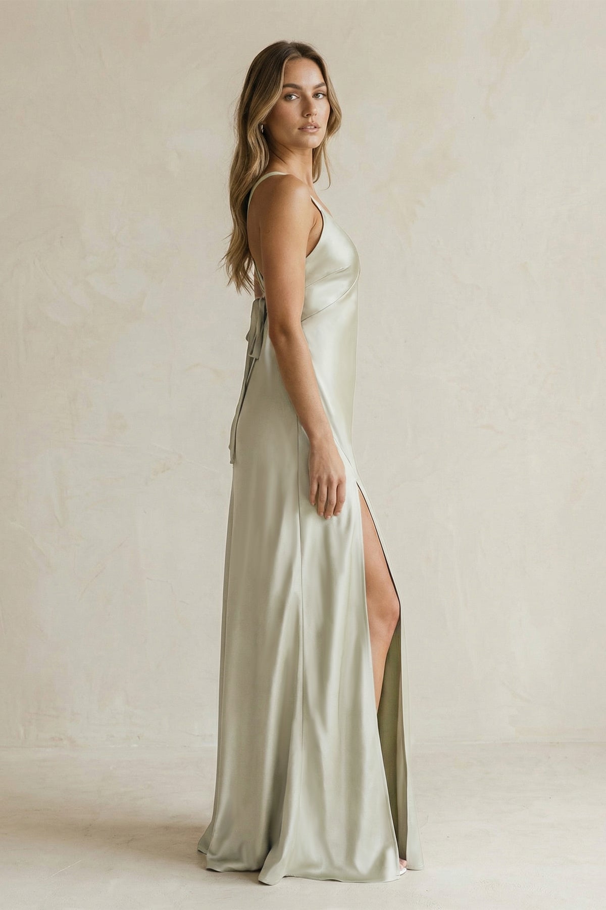 V-Neck Sheath Satin Bridesmaid Dress With Slit in Frost - Curvevia