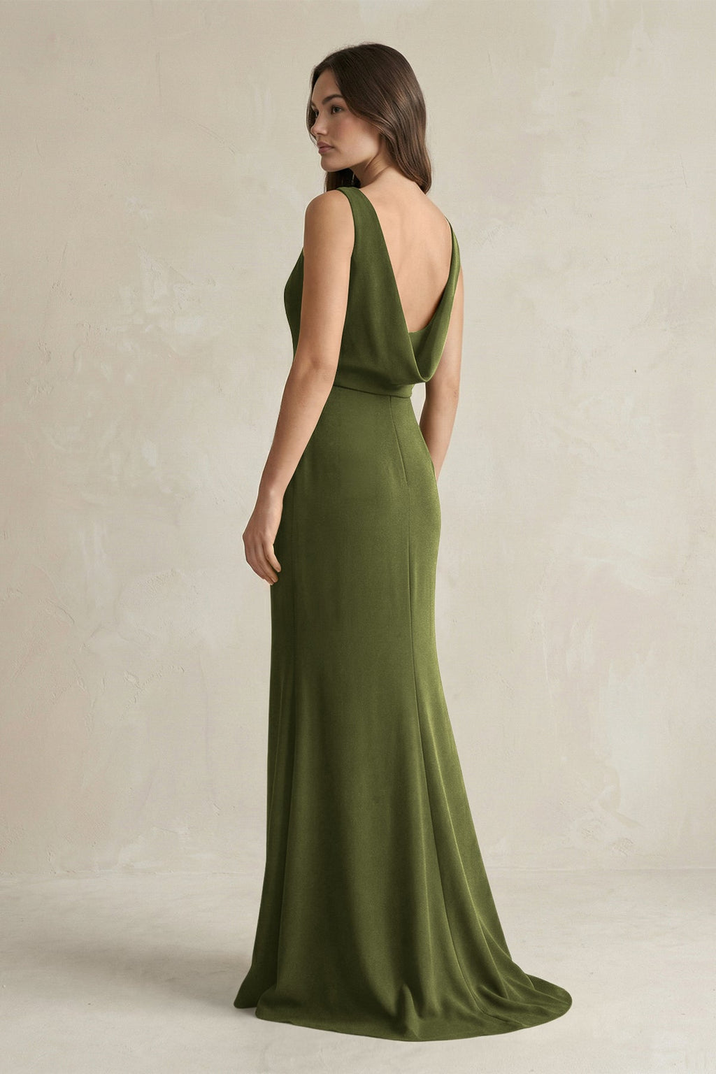 V-Neck Sheath Satin Maxi Bridesmaid Dress in Olive - Curvevia